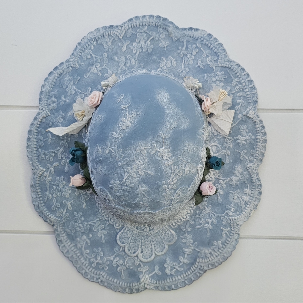 Vintage Ceramic Blue Lace Bonnet Hat Decor with Floral Accents